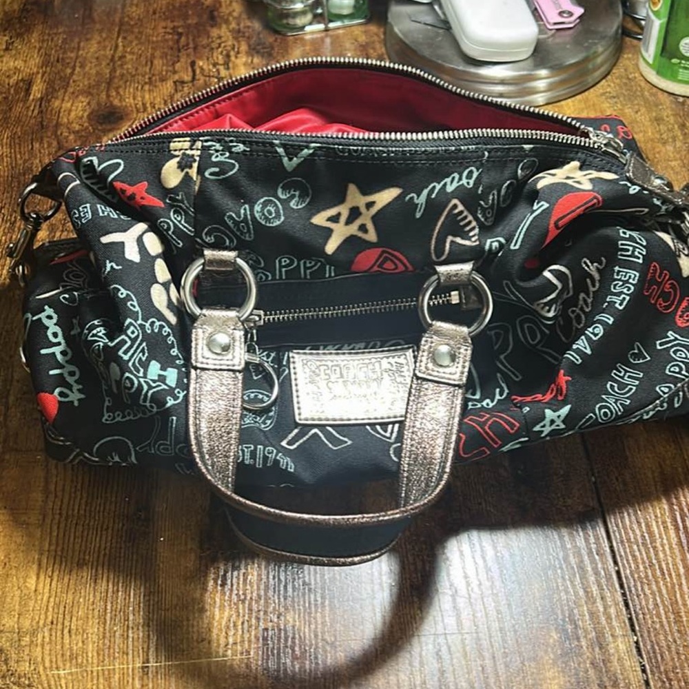 Coach Black Graffiti Print Satchel with Red Lining and Metallic Handles